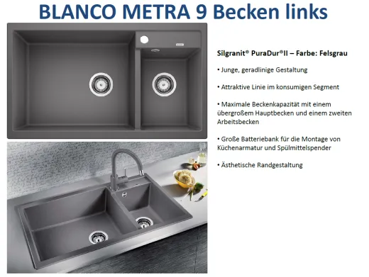 BLANCO Kchensple Metra 9 Silgranit PuraDurII Granitsple / Einbausple mit Handbettigung