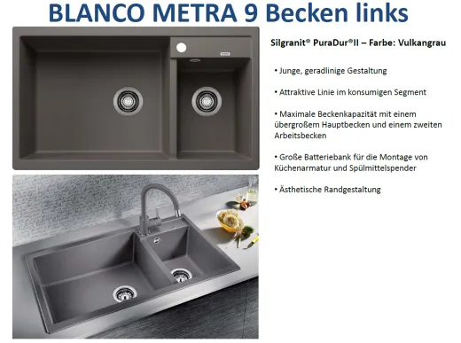 BLANCO Kchensple Metra 9 Silgranit PuraDurII Granitsple / Einbausple mit Handbettigung