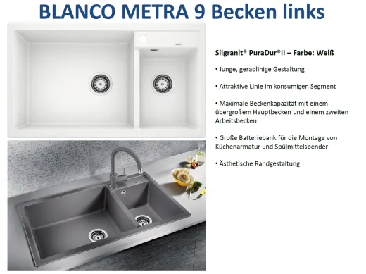 BLANCO Kchensple Metra 9 Silgranit PuraDurII Granitsple / Einbausple mit Handbettigung
