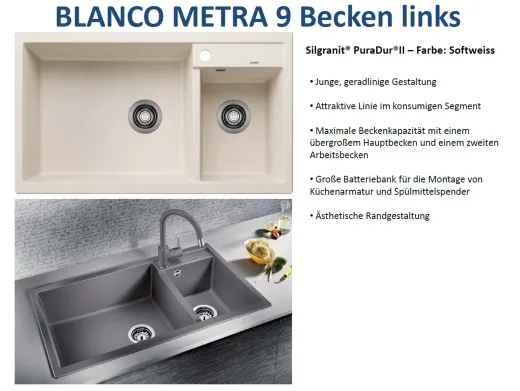 BLANCO Kchensple Metra 9 Silgranit PuraDurII Granitsple / Einbausple mit Handbettigung