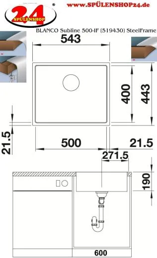 BLANCO Subline 500-IF SteelFrame Materialmix Silgranit mit Edelstahl Einbausple mit Ablaufsystem InFino OEX