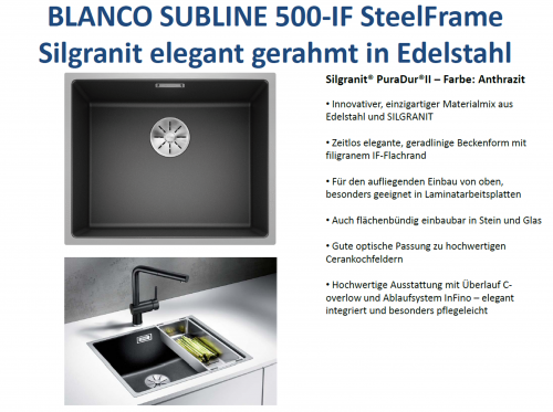 BLANCO Subline 500-IF SteelFrame Materialmix Silgranit mit Edelstahl Einbausple mit Ablaufsystem InFino OEX