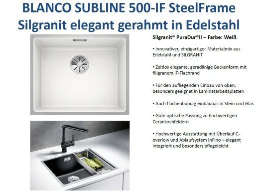 BLANCO Subline 500-IF SteelFrame Materialmix Silgranit mit Edelstahl Einbausple mit Ablaufsystem InFino OEX