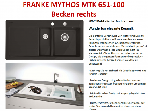 FRANKE Kchensple Mythos MTK 651-100-Keramik Fraceram Einbausple / Keramiksple mit Siebkorb als Druckknopfventil