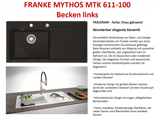 FRANKE Kchensple Mythos MTK 611-100-Keramik Fraceram Einbausple / Keramiksple mit Siebkorb als Druckknopfventil