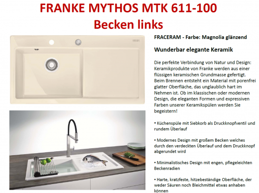 FRANKE Kchensple Mythos MTK 611-100-Keramik Fraceram Einbausple / Keramiksple mit Siebkorb als Druckknopfventil