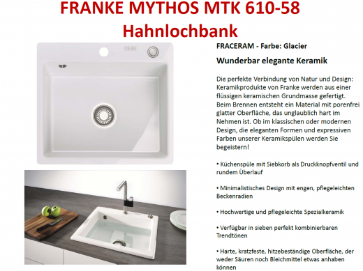 x FRANKE Kchensple Mythos MTK 610-58-Keramik Fraceram Einbausple / Keramiksple mit Siebkorb als Druckknopfventil