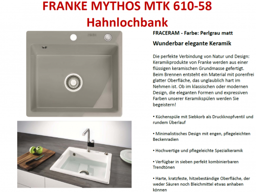 x FRANKE Kchensple Mythos MTK 610-58-Keramik Fraceram Einbausple / Keramiksple mit Siebkorb als Druckknopfventil