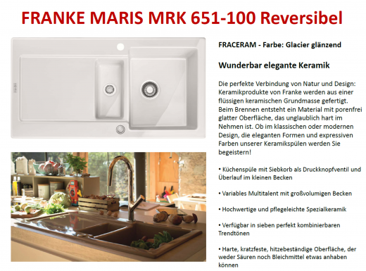 FRANKE Kchensple Maris MRK 651-100-Keramik Fraceram Einbausple / Keramiksple mit Siebkorb als Druckknopfventil