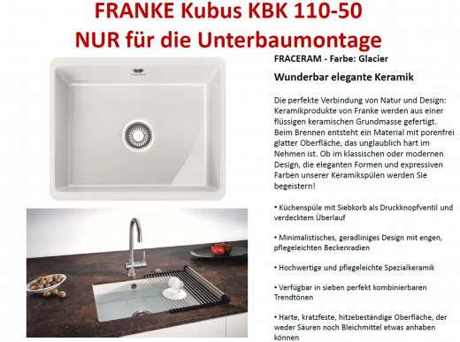 FRANKE Kchensple Kubus KBK 110-50 Keramik Fraceram Keramiksple / Unterbausple (Montage unter die APL) mit Siebkorb als Druckknopfventil