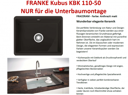FRANKE Kchensple Kubus KBK 110-50 Keramik Fraceram Keramiksple / Unterbausple (Montage unter die APL) mit Siebkorb als Druckknopfventil