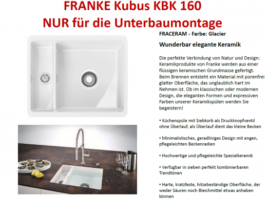 FRANKE Kchensple Kubus KBK 160 Keramik Fraceram Keramiksple / Unterbausple (Montage unter die APL) mit Siebkorb als Druckknopfventil