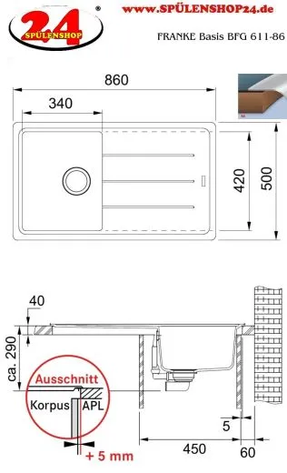 FRANKE Kchensple Basis BFG 611-86 Fragranit+ Einbausple / Granitsple mit Siebkorb als Drehknopfventil