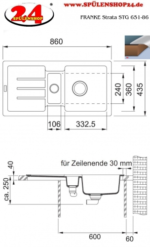 FRANKE Kchensple Strata STG 651-86 Fragranit+ Einbausple / Granitsple Siebkorb als Stopfenventil oder Drehknopfventil