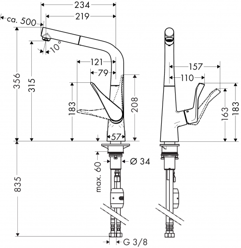 HANSGROHE Kchenarmatur Metris M71 Edelstahl Finish Einhebelmischer 320 mit Ausziehauslauf als Schlauchbrause, 1jet (14821800)
