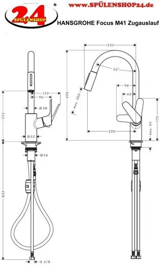 HANSGROHE Kchenarmatur Focus M41 Edelstahl Finish Einhebelmischer 240 mit Zugauslauf als Ausziehbrause, 2jet (31815800)