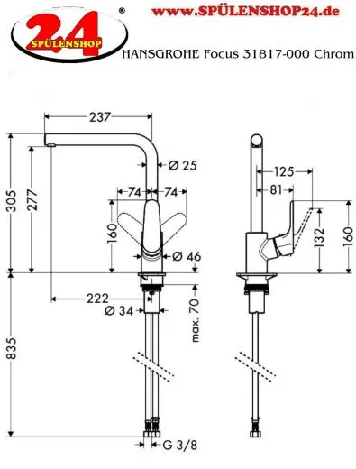 HANSGROHE Kchenarmatur Focus M41 Chrom Einhebelmischer 280 mit Festauslauf, 1jet Schwenkbereich einstellbar (31817000)