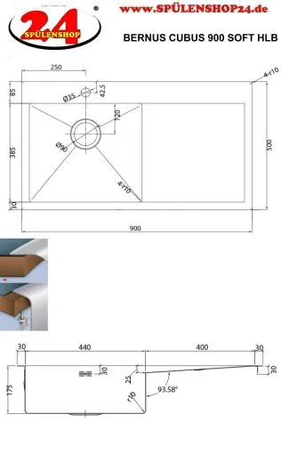 BERNUS Kchensple Cubus 900 SOFT Edelstahlsple Flachrand / Flchenbndig mit Hahnlochbank und Siebkorb als Stopfenventil