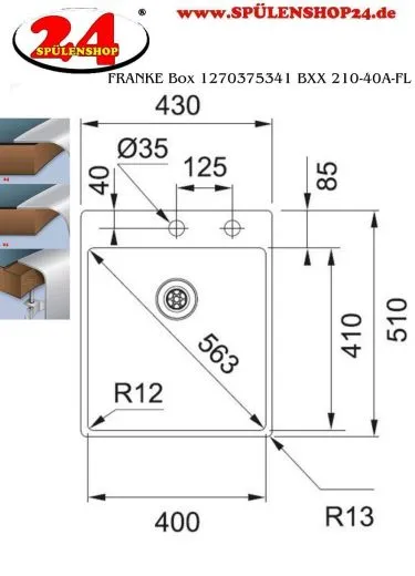 FRANKE Kchensple Box BXX 210-40 A Edelstahlsple Slimtop / Flchenbndig mit Integralablauf und Siebkorb als Druckknopfventil