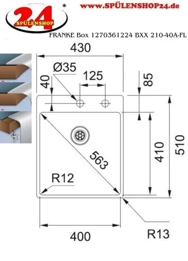 FRANKE Kchensple Box BXX 210-40 A Edelstahlsple Slimtop / Flchenbndig mit Integralablauf und Drehknopfventil