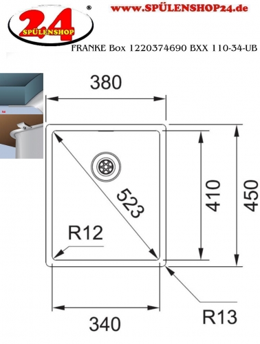 FRANKE Kchensple Box BXX 110-34 Unterbausple (Montage unter die Arbeitsplatte) mit Integralablauf und Siebkorb als Druckknopfventil