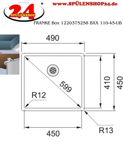 FRANKE Kchensple Box BXX 110-45 Unterbausple (Montage unter die Arbeitsplatte) mit Integralablauf und Siebkorb als Stopfenventil