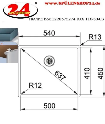 FRANKE Kchensple Box BXX 110-50 Unterbausple (Montage unter die Arbeitsplatte) mit Integralablauf und Siebkorb als Stopfenventil