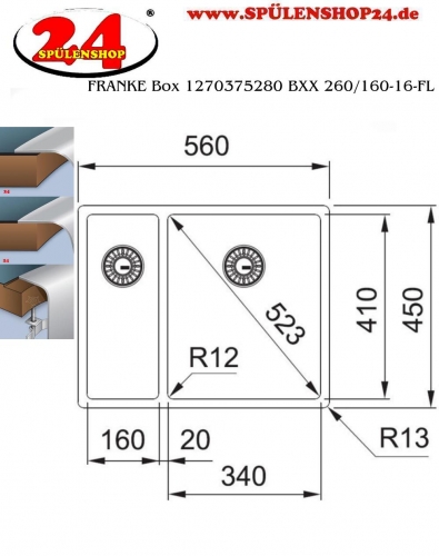 FRANKE Kchensple Box BXX 260/160-34-16 Edelstahlsple 3 in 1 (Einbau, Unterbau, Flchenbndig) Siebkorb als Druckknopfventil