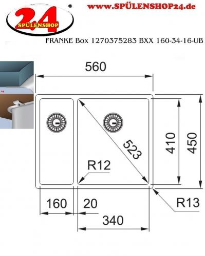 FRANKE Kchensple Box BXX 160-34-16 Unterbausple (Montage unter die Arbeitsplatte) mit Integralablauf und Siebkorb als Druckknopfventil