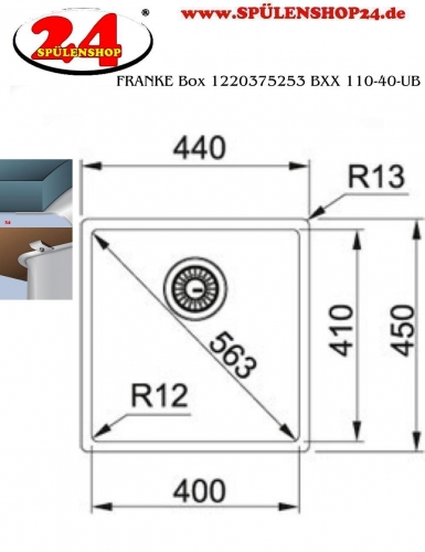 FRANKE Kchensple Box BXX 110-40 Unterbausple (Montage unter die Arbeitsplatte) mit Integralablauf und Siebkorb als Stopfenventil