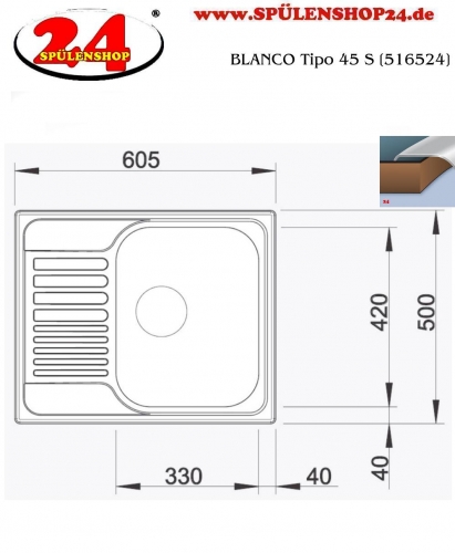 BLANCO Kchensple Tipo 45 S Mini ohne Hahnlochbohrung Edelstahlsple mit Siebkorb als Stopfenventil