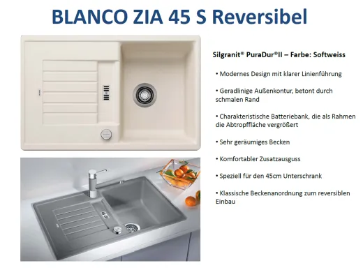 BLANCO Kchensple Zia 45 S Silgranit PuraDurII Granitsple / Einbausple mit Drehknopfventil
