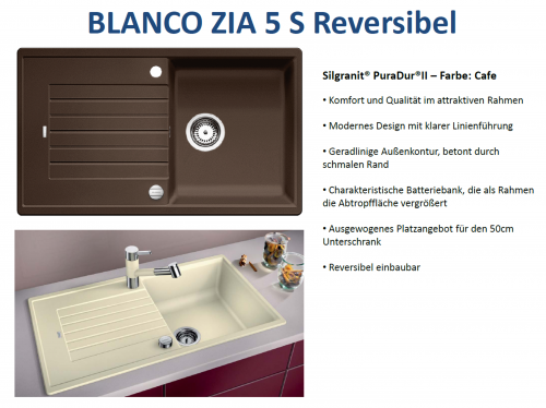 BLANCO Kchensple Zia 5 S Silgranit PuraDurII Granitsple / Einbausple mit Drehknopfventil
