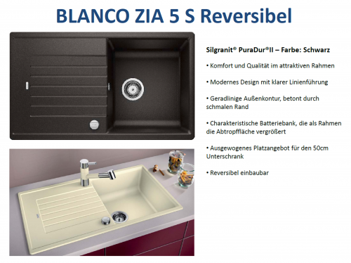 BLANCO Kchensple Zia 5 S Silgranit PuraDurII Granitsple / Einbausple mit Drehknopfventil