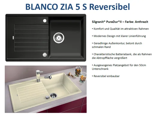 BLANCO Kchensple Zia 5 S Silgranit PuraDurII Granitsple / Einbausple mit Drehknopfventil