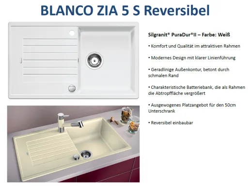 BLANCO Kchensple Zia 5 S Silgranit PuraDurII Granitsple / Einbausple mit Drehknopfventil