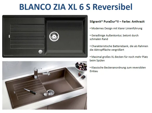 BLANCO Kchensple Zia XL 6 S Silgranit PuraDurII Granitsple / Einbausple mit Drehknopfventil