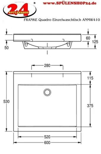 KWC PROFESSIONAL Quadro Einzelwaschtisch ANMW410 Waschtisch MIRANIT fr Wandmontage rechteckige Mulde ohne Hahnlochbohrung
