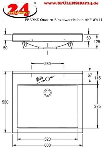 KWC PROFESSIONAL Quadro Einzelwaschtisch ANMW411 Waschtisch MIRANIT fr Wandmontage rechteckige Mulde mit Armaturenbohrung  35mm