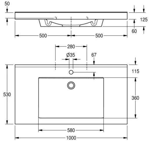 KWC PROFESSIONAL Quadro Einzelwaschtisch ANMW416 Waschtisch MIRANIT fr Wandmontage rechteckige Mulde mit Armaturenbohrung  35mm