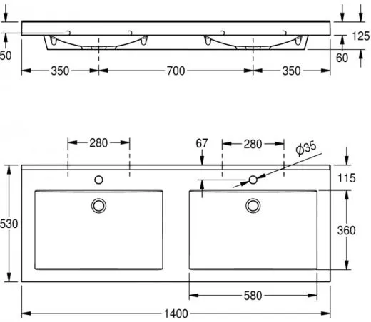 KWC PROFESSIONAL Quadro Doppelwaschtisch ANMW421 Waschtisch MIRANIT 2 Becken fr Wandmontage rechteckige Mulde mit Armaturenbohrung  35mm
