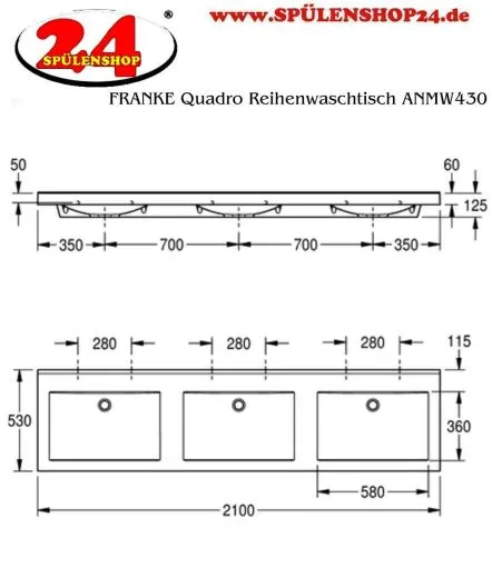 KWC PROFESSIONAL Quadro Reihenwaschtisch ANMW430 Waschtisch MIRANIT 3 Becken fr Wandmontage rechteckige Mulde ohne Hahnlochbohrung