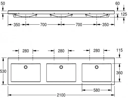 KWC PROFESSIONAL Quadro Reihenwaschtisch ANMW430 Waschtisch MIRANIT 3 Becken fr Wandmontage rechteckige Mulde ohne Hahnlochbohrung