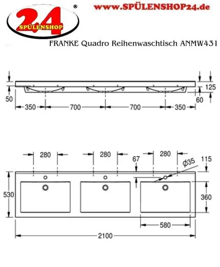 KWC PROFESSIONAL Quadro Reihenwaschtisch ANMW431 Waschtisch MIRANIT 3 Becken fr Wandmontage rechteckige Mulde mit Armaturenbohrung  35mm