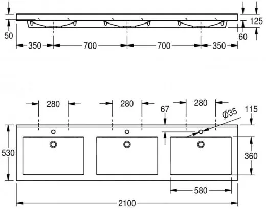 KWC PROFESSIONAL Quadro Reihenwaschtisch ANMW431 Waschtisch MIRANIT 3 Becken fr Wandmontage rechteckige Mulde mit Armaturenbohrung  35mm