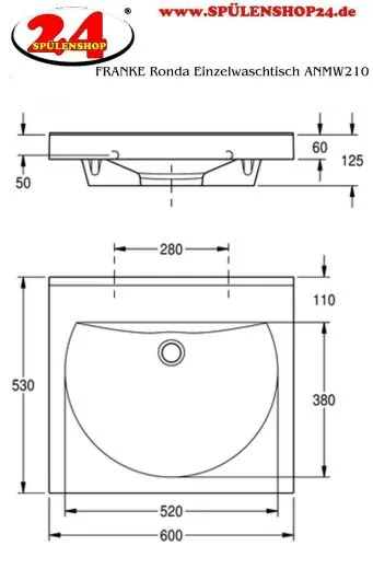 KWC PROFESSIONAL Ronda Einzelwaschtisch ANMW210 Waschtisch MIRANIT fr Wandmontage runde Mulde ohne Hahnlochbohrung