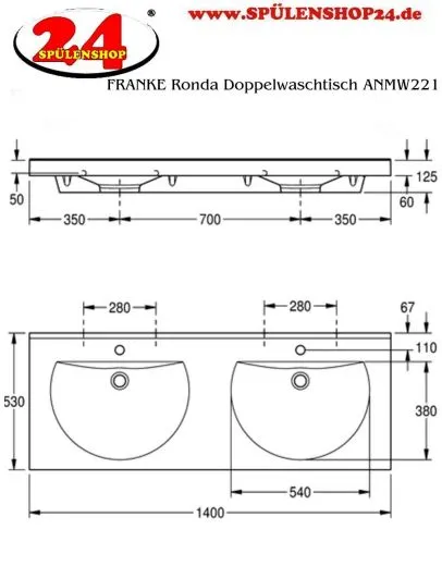 KWC PROFESSIONAL Ronda Doppelwaschtisch ANMW220 Waschtisch MIRANIT 2 Becken fr Wandmontage runde Mulde ohne Hahnlochbohrungen