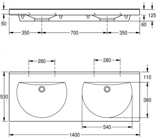 KWC PROFESSIONAL Ronda Doppelwaschtisch ANMW220 Waschtisch MIRANIT 2 Becken fr Wandmontage runde Mulde ohne Hahnlochbohrungen