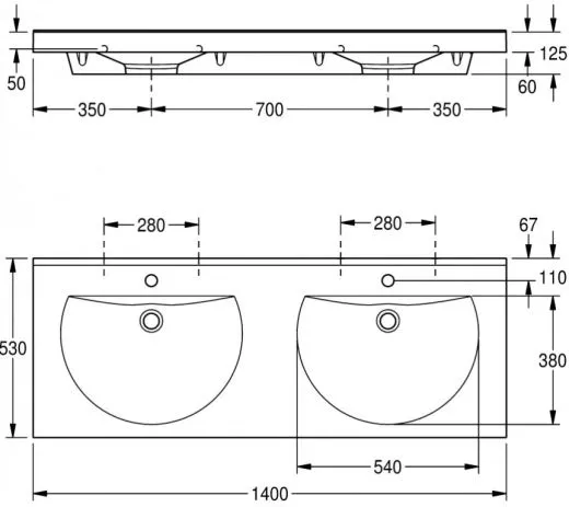 KWC PROFESSIONAL Ronda Doppelwaschtisch ANMW221 Waschtisch MIRANIT 2 Becken fr Wandmontage runde Mulde mit Armaturenbohrung  35mm
