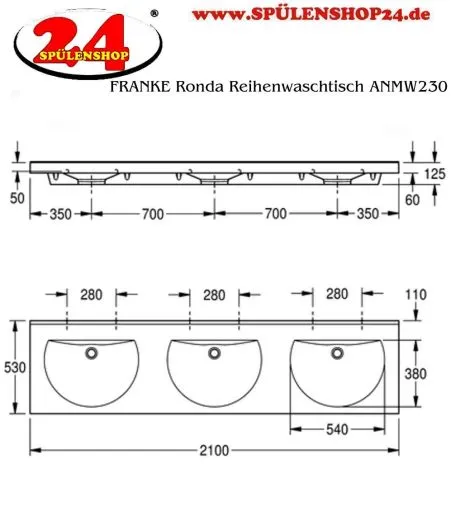 KWC PROFESSIONAL Ronda Reihenwaschtisch ANMW230 Waschtisch MIRANIT 3 Becken fr Wandmontage runde Mulde ohne Hahnlochbohrungen